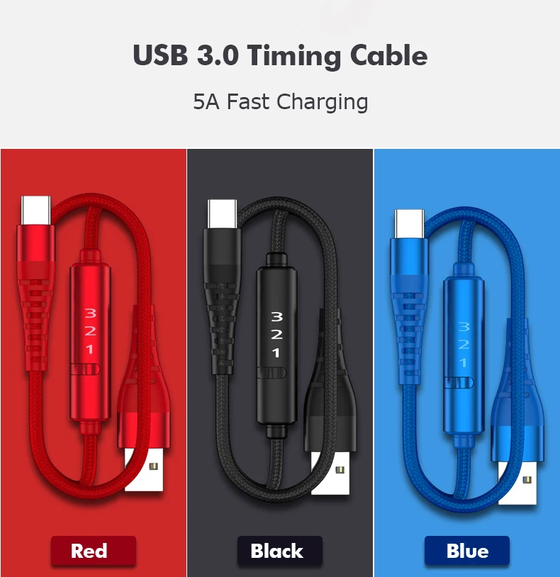 Nylon Braided Type C 5A Fast Charging USB 3.0 Timing Cable with LED Timer Switch for Mobile Phone Security Charge