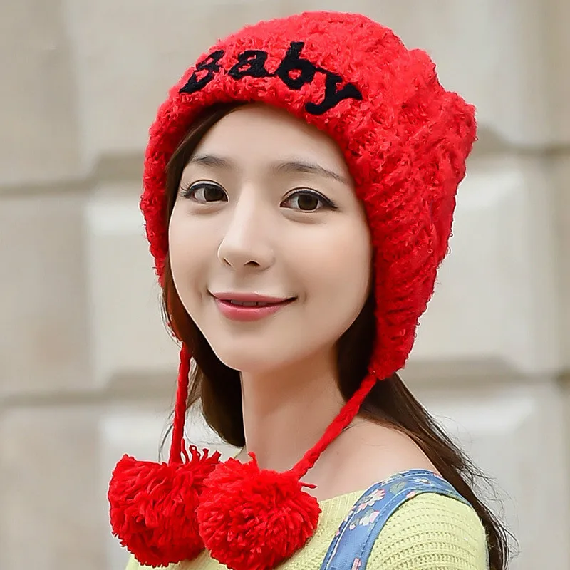 BomHCS Cute Women's Fashion Autumn Winter Warm Crochet Beanie Handmade Ear Muff Knitted Hat Cap with Letters