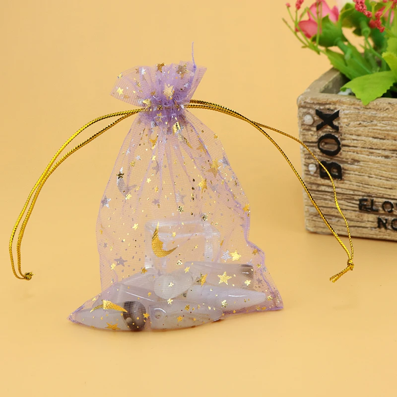 200pcs/lot Violet Color Star Moon Pattern Organza Bags 7x9cm Wedding Favour Gift bag Jewellery pouches