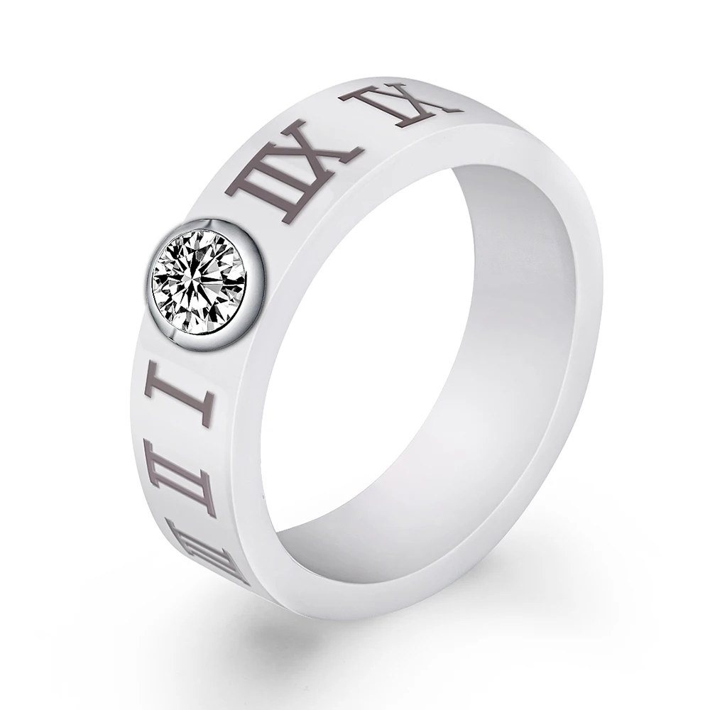 Fashion Ceramic Ring Party Gifts Roman Numeral Women Wedding Cool Band Number Black Jewelry Stainless Steel Rings With Crystal