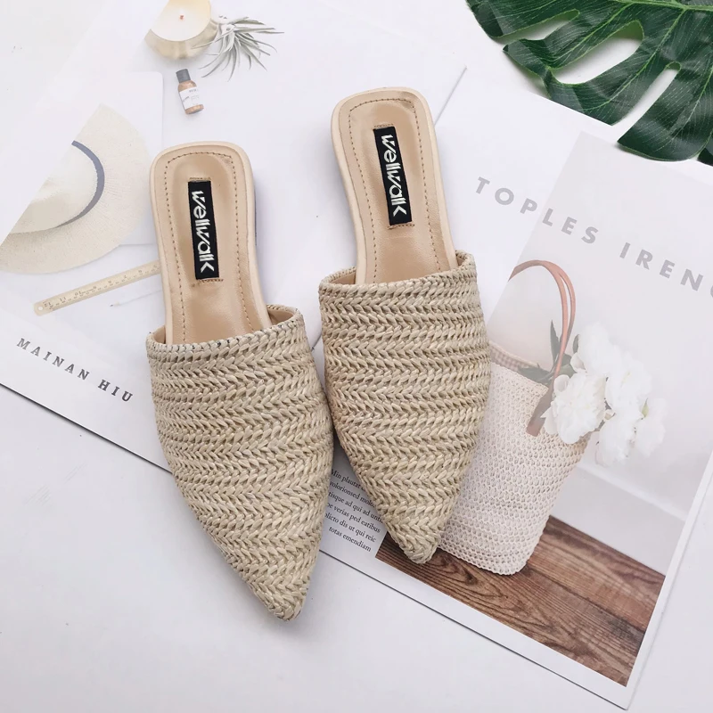 Wellwalk Breathable Mule Shoes Women Flat Slippers Unicorn Ladies Cane Weaving Sliders Female Summer Pointed Toe Slides Office