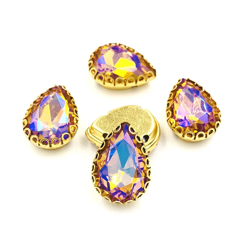 New arrival Teardrop shape strass sew on rhinestones gold base lacy claw glass crystal rhinestone Diy clothing accessories 20pcs