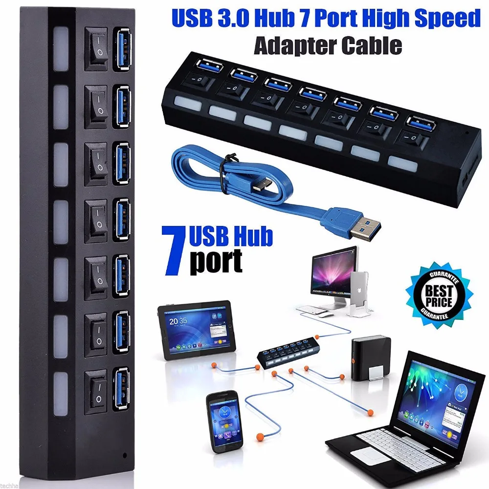 Windyoung ฮับ USB 3.0ความเร็วสูง7พอร์ต USB 3.0 Hub พร้อม EUPower Adapter Multi USB Splitter On/Off สำหรับแล็ปท็อป MacBook PC