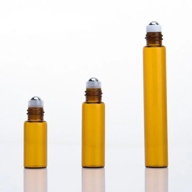 3ml 5ml 10ml Refillable Amber Roll On Perfume Glass Essential Oil Bottle With Steel Metal Roller ball