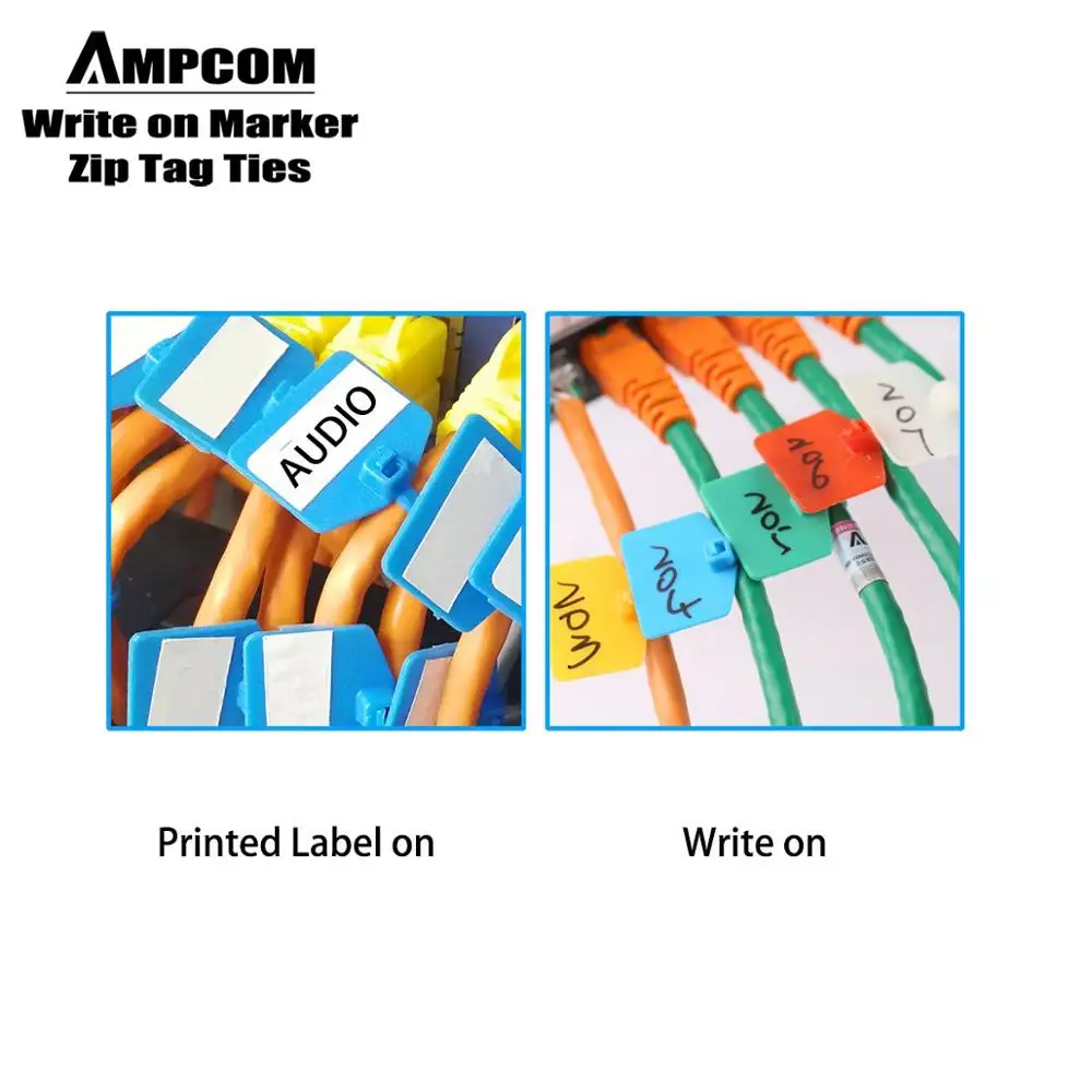 AMPCOM Nylon Zip Ties Cable Label Mark Tags - Write on Ethernet Wire | Self-Locking | Free Printable Labels -4.72 inches 5 Color