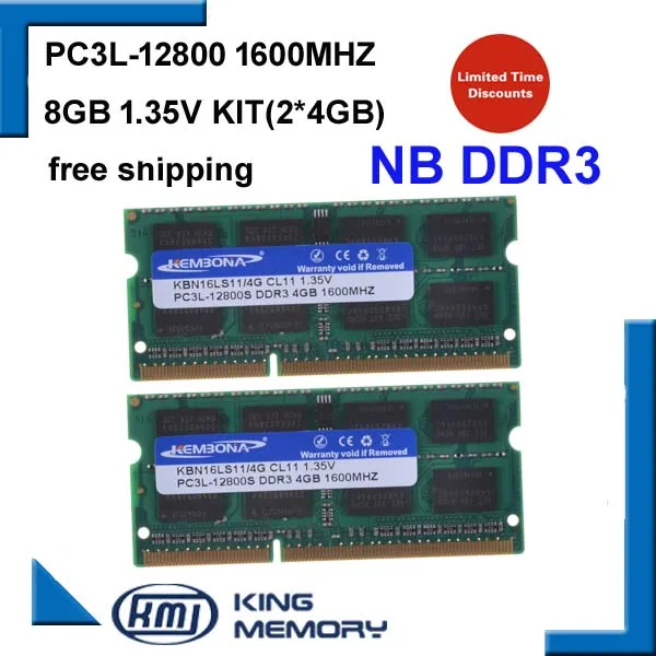 

KEMBONA brand new Laptop Memoria RAM DDR3 8GB KIT(2*4GB)12800S PC3L 1.35V LOW POWER 1600MHz 204-pin SODIMM Lifetime Warranty