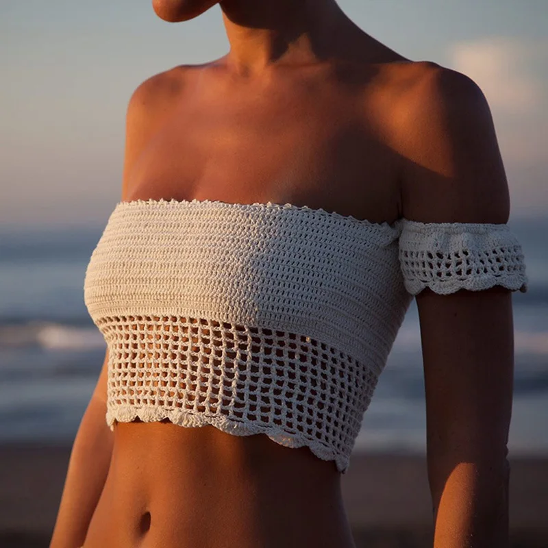 Women Bikini Top Bandage Hollow-out Tassel Swimsuit With Sleeves Summer Crochet Lace Top Swimwear