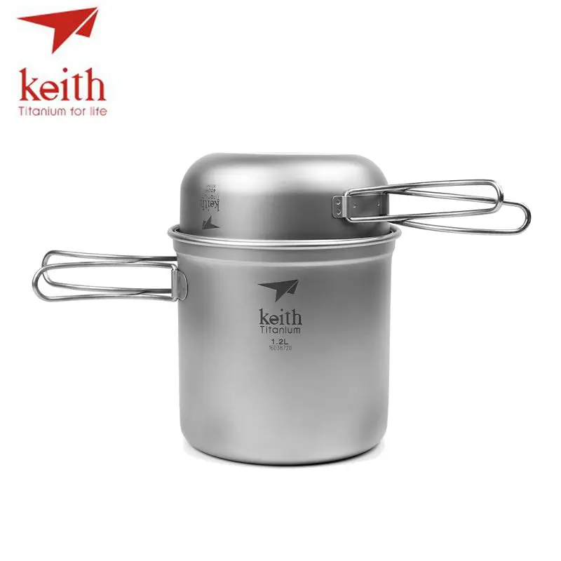 

Keith Titanium 1.2L Pot 400ml Bowl Set Folding Handle Cook Sets Titanium Pot Set Camping Hiking Picnic Cookware Utensils