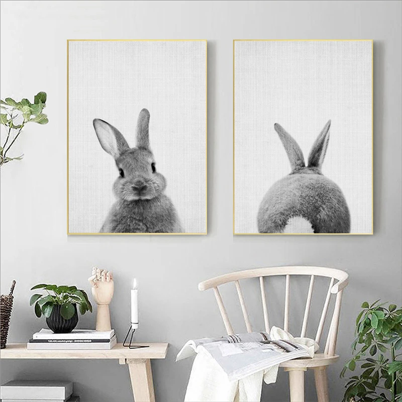 Bunny Rabbit Canvas Painting Woodlands Nursery Decor Animal Picture Rabbit Wall Art Prints Modern Baby Room Decoration