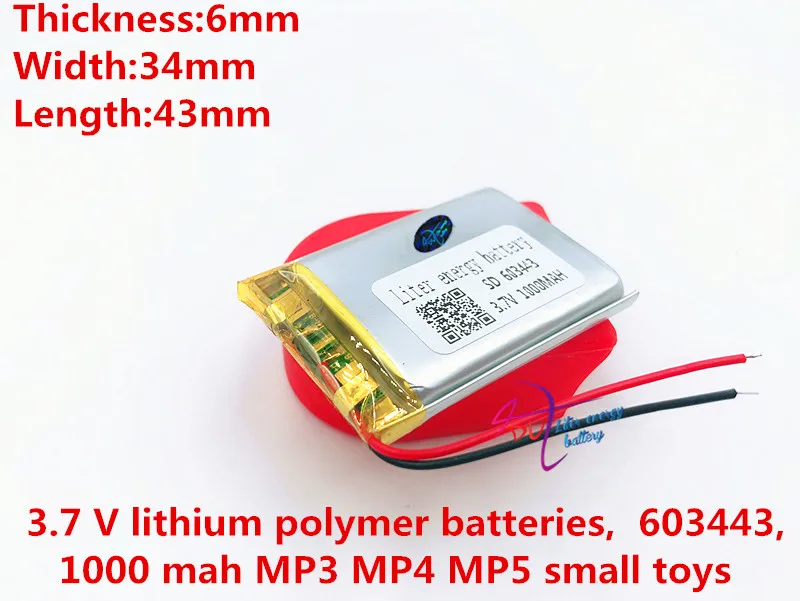 603443 3.7V 1000mAh Lithium li-Polymer Li-ion Rechargeable Battery For Mp3 MP4 MP5 GPS DVR E-Book mobile electronic part