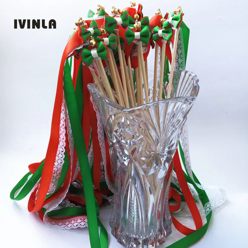 Hot selling red green  wedding ribbon wands stick with bell bowknot and lace fairy wedding party celebrate decoration