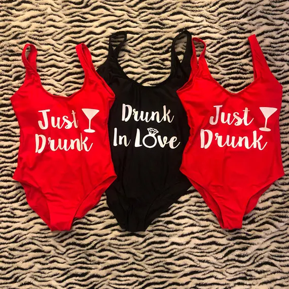 CUSTOMIZE Drunk In Love Just Drunk Bride Bridesmaid swimsuit Bathing Suits Honeymoon Bachelorette Swimwear Party gifts