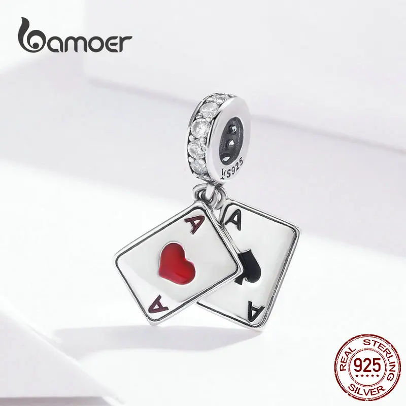 BAMOER Poker Ace Double Pendant Charm for Original 925 Silver Charms Bracelet Sterling Silver 925 Breloque DIY Jewelry SCC1172