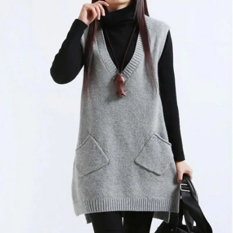 Women Sweater Spring Autumn New Korean Women\'s V-neck Knit Long A-shaped Pocket Vest Pullover Sleeveless