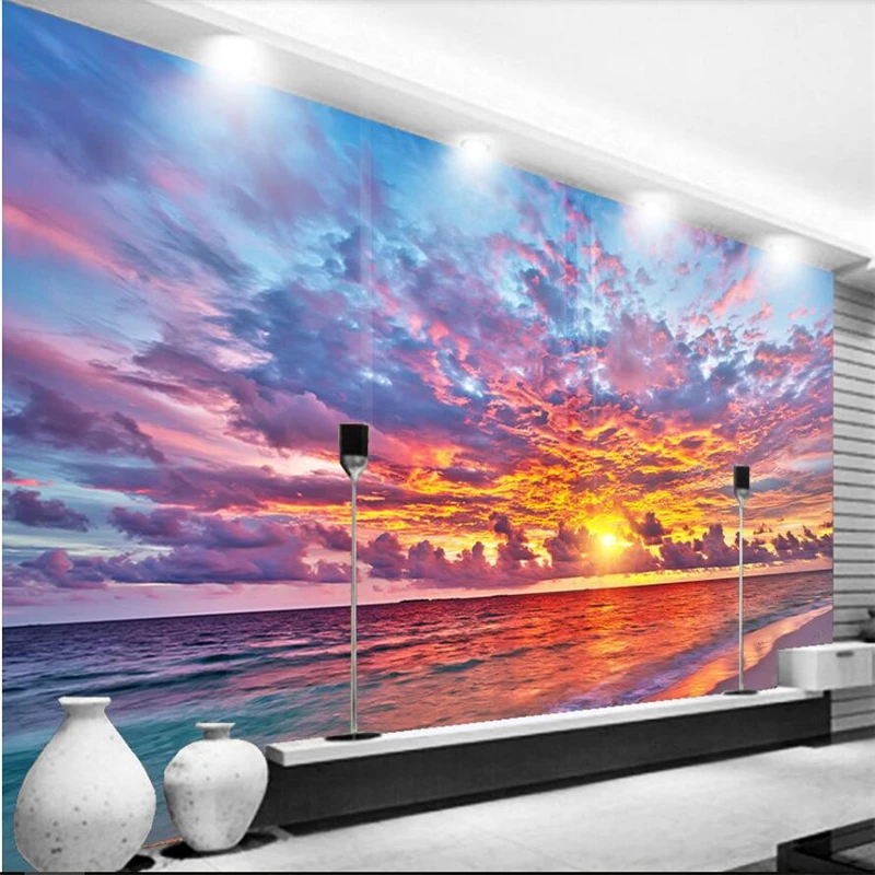 

wellyu Sunset Fire Burns Beautiful TV Background Wall Custom Large Mural Green Silk Wallpaper papel de parede para quarto