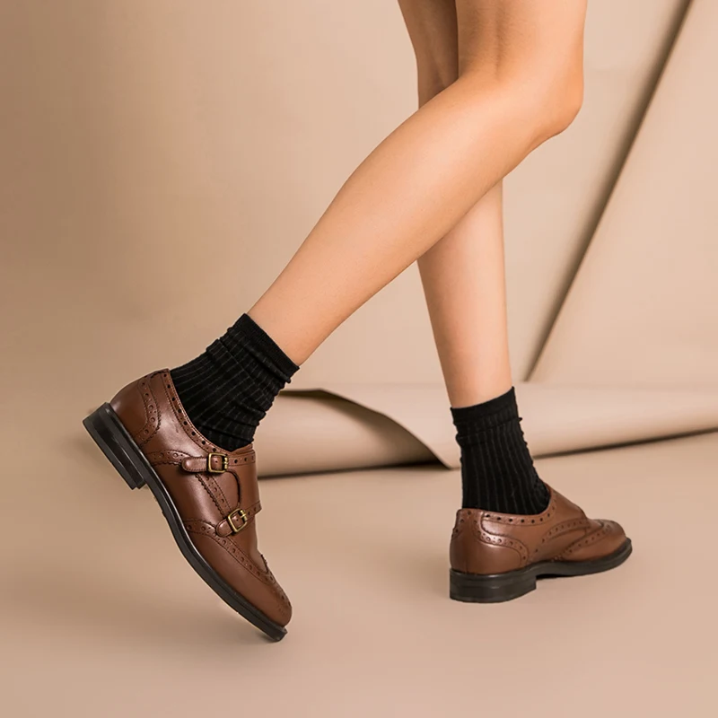 BeauToday Monk Shoes Women Calfskin Genuine Leather Buckle Strap Brogue Style Round Toe Casual Ladies Flats Handmade A21408