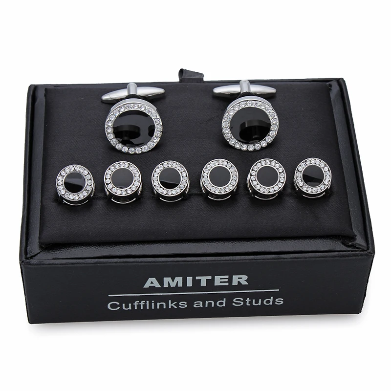 HAWSON High Quality Black Enamel Crystal Cufflinks and 6 Studs Set for Gentlemen Dress Tuxedo Accessories for Party and Wedding