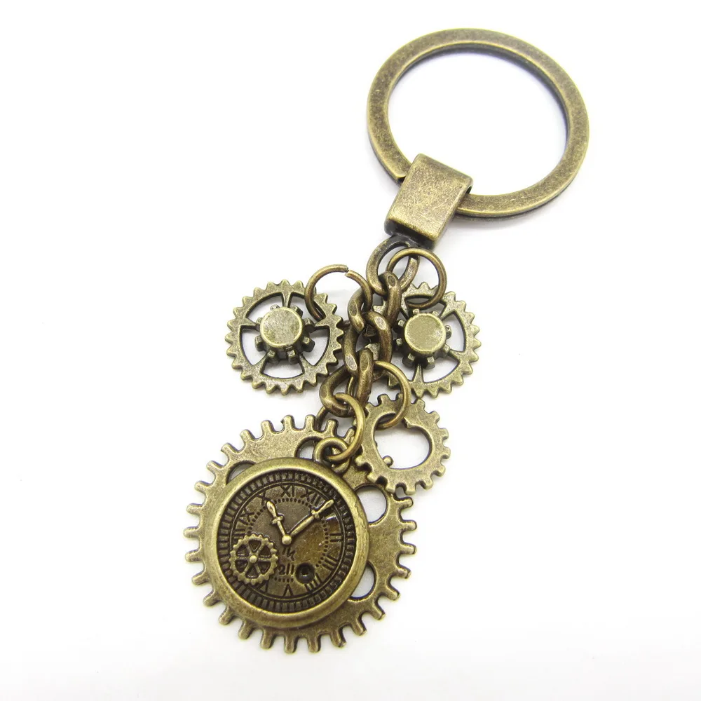 Antique Bronze Mechanical Gears and Clock Look Drop Steampunk Keychain