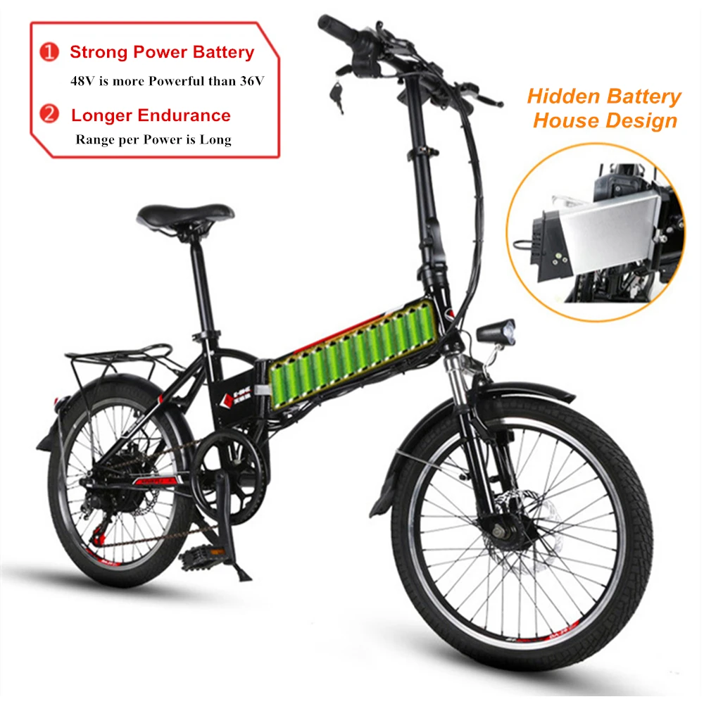 Bicicleta eléctrica plegable, bici ligera con interfaz de carga USB, batería de litio, 20 ", 6 velocidades, 48V/10AH, 250W