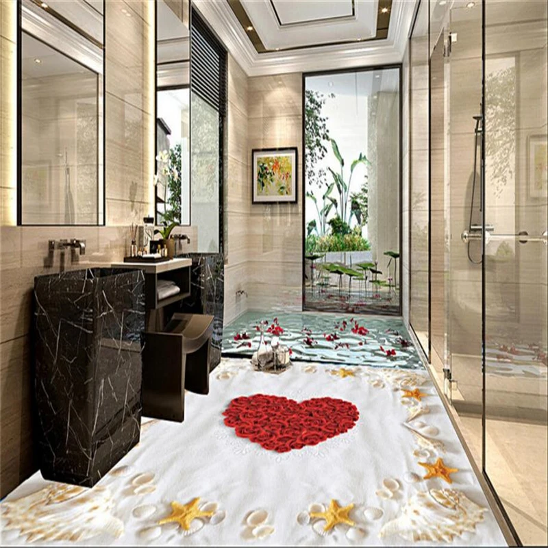 

wellyu Beach shells starfish roses 3D floor bathroom floor tiles custom large mural pvc waterproof thick wear resistant