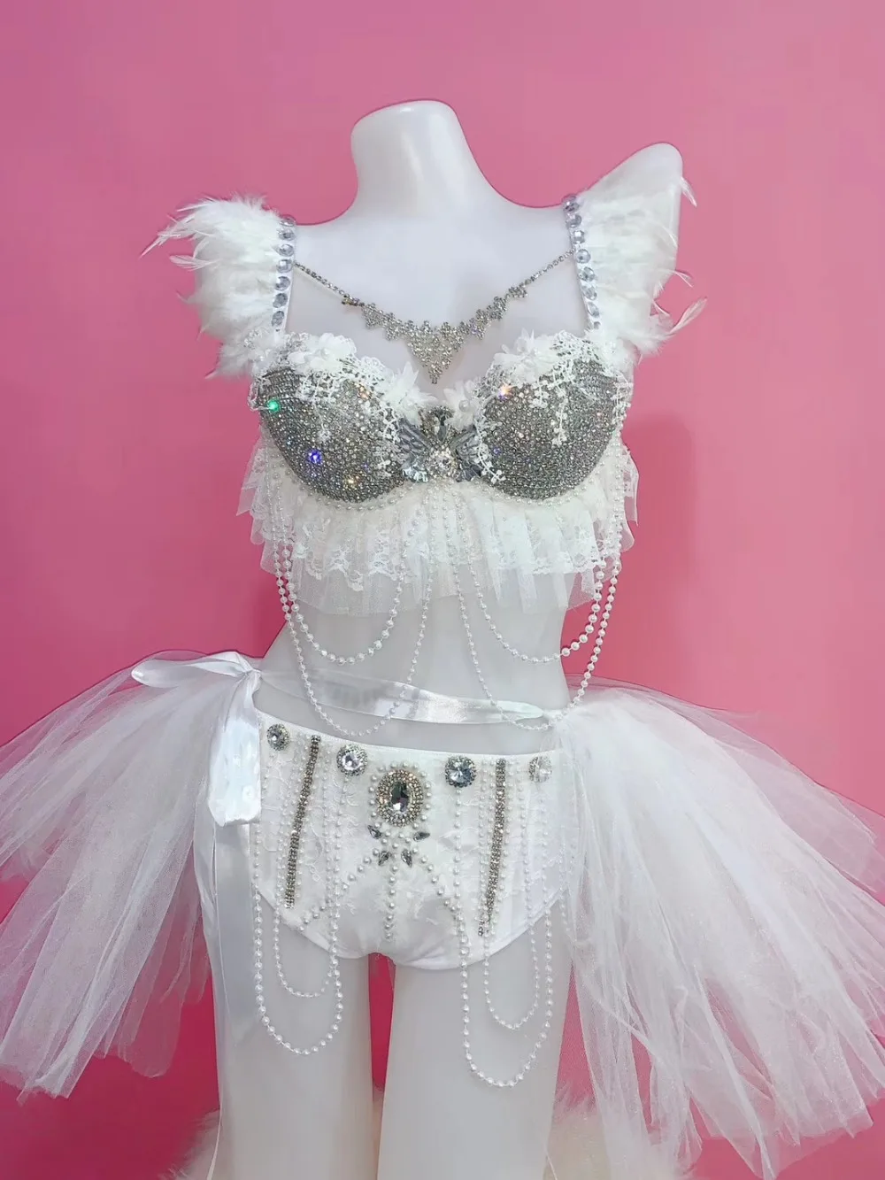 

Bar Nightclub Sexy Stage Performance Disco Dance Costume Silver Rhinestones Beads Bikini Gauze Tutu Skirt Rave Outfit Club Party