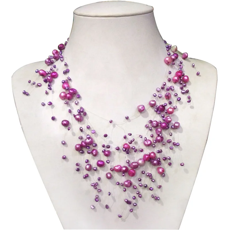 

17 inches Multi-layered Blast Violet 4-8mm AA Quality Nugget Natural Freshwater Pearl Necklace