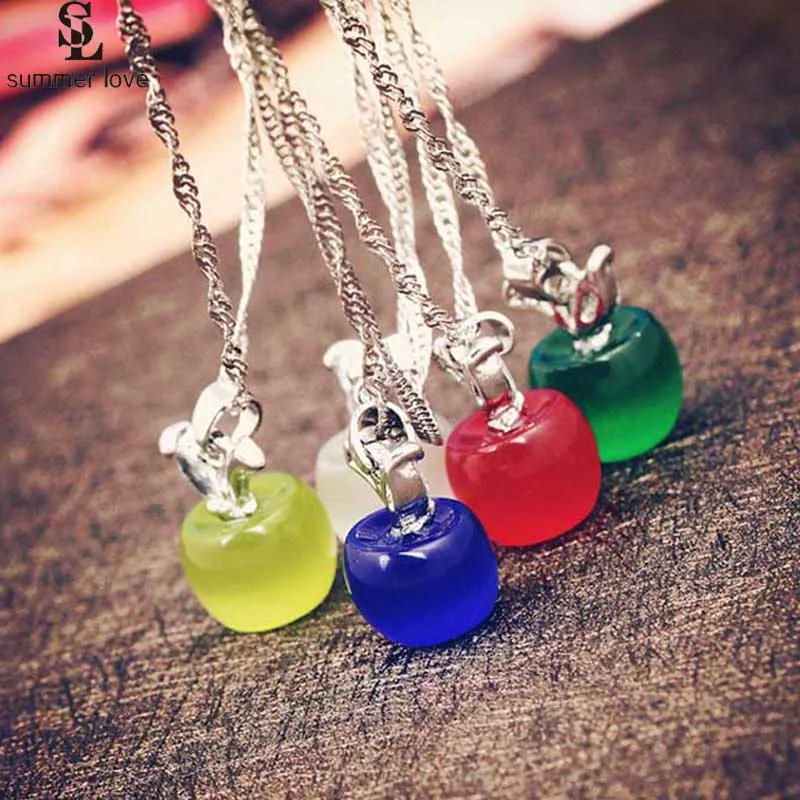 2024 Sweet Pink Apple Pendants Necklace Jewelry White Opal Stone Link Chain Necklace Chokers Fashion Female Gift collier femme