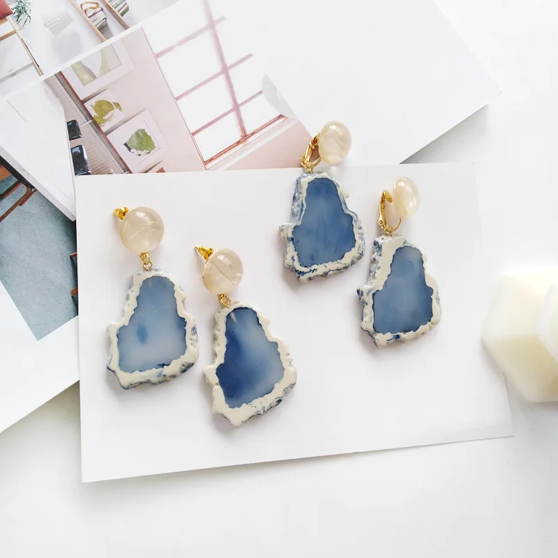 Acrylic Geometric Irregular Blue Mountain Stone Long Clip Earrings No Pierced Ears Resin Earrings For Women Girl Brincos