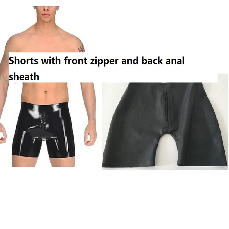 New sexy plus big Men Latex Rubber Fetish Shorts Underwear with an Attached Anal Sheath Front Zipper