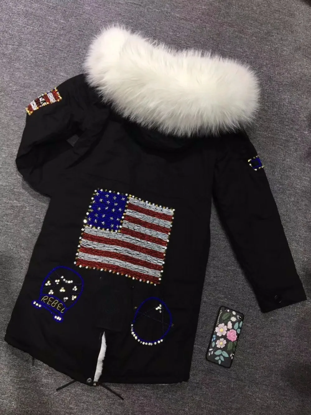 Black Shell US Embroidered Flag High Quality Beads Long Fur Parka Casual Unisex Winter White Fur Overcoat