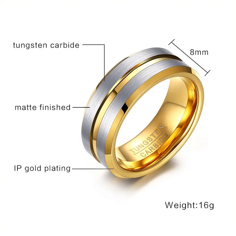 Vnox Tungsten Rings for Men Jewelry 8mm Punk Men\'s Ring Gift Gold-color