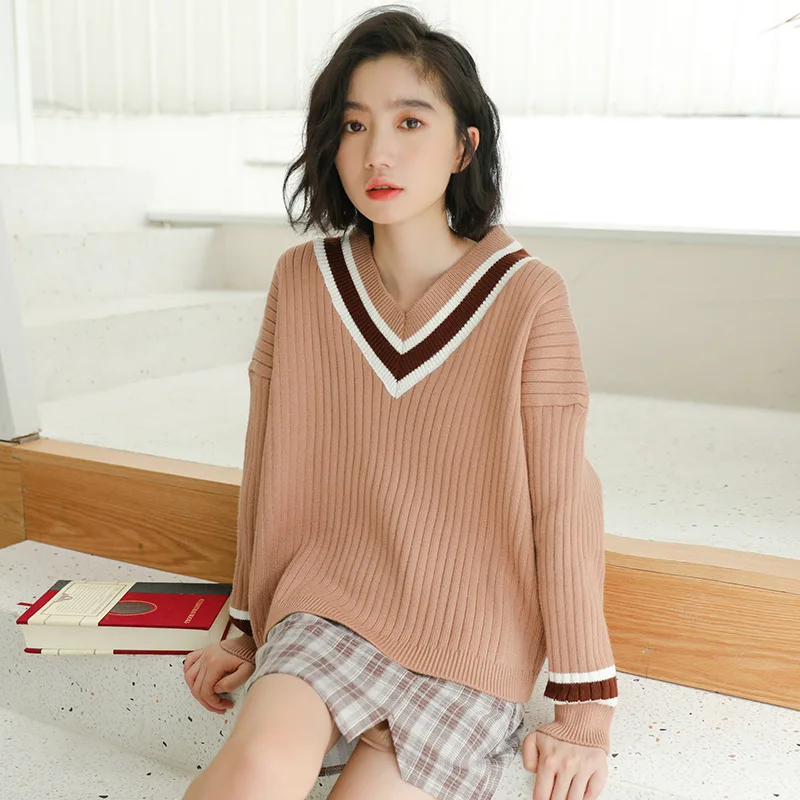 

Autumn Winter Student Pullovers College Style Loose Stripe V-collar Knitted Sweater Women Long Sleeve Casual Jumper Tops H9416