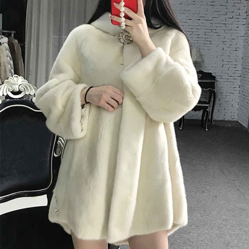 

Mink Whole Fur Women Regualr Skirt Coat with Hood Winter Thick Warm Female Mink Fur Jacket