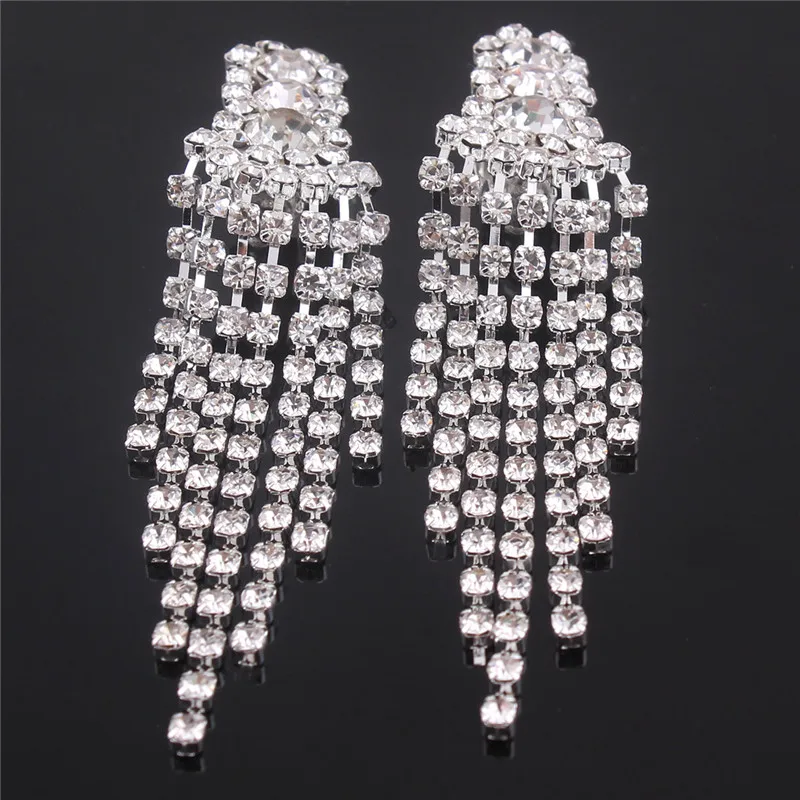 New Design Bridal Silver Plated Rhinestone 3 round Chandelier Shape Long Tassel Clip on Earrings Without Piercing for Women