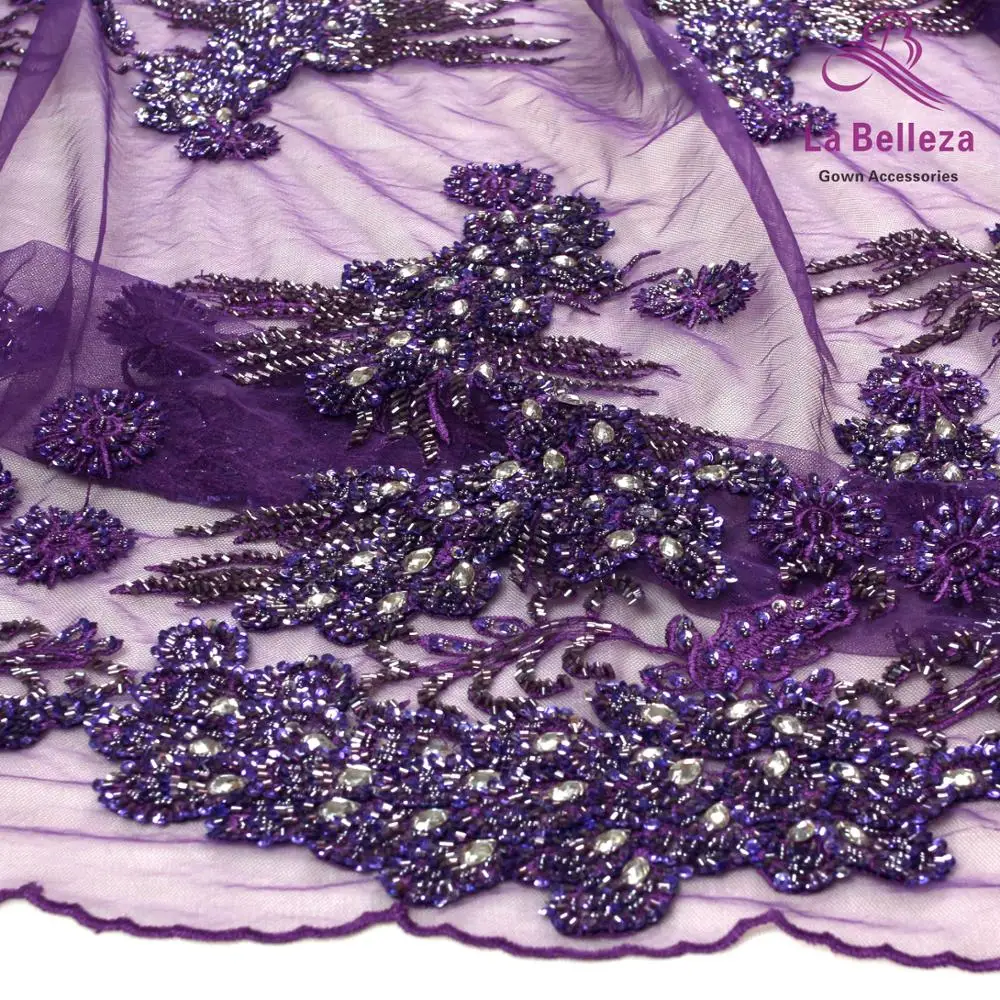 La Belleza Purple tea green,lack blue  super heavy hand beaded beaded  prom dress lace fabric 1 yard