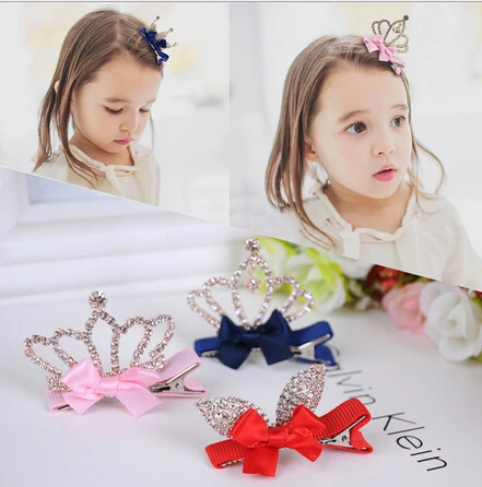 

Free Shipping 2015 New Wholesale 12pcs/lot Rhinestone 3D Crown Princess Hair Clips Fashion Children Girls Bow Hairclip