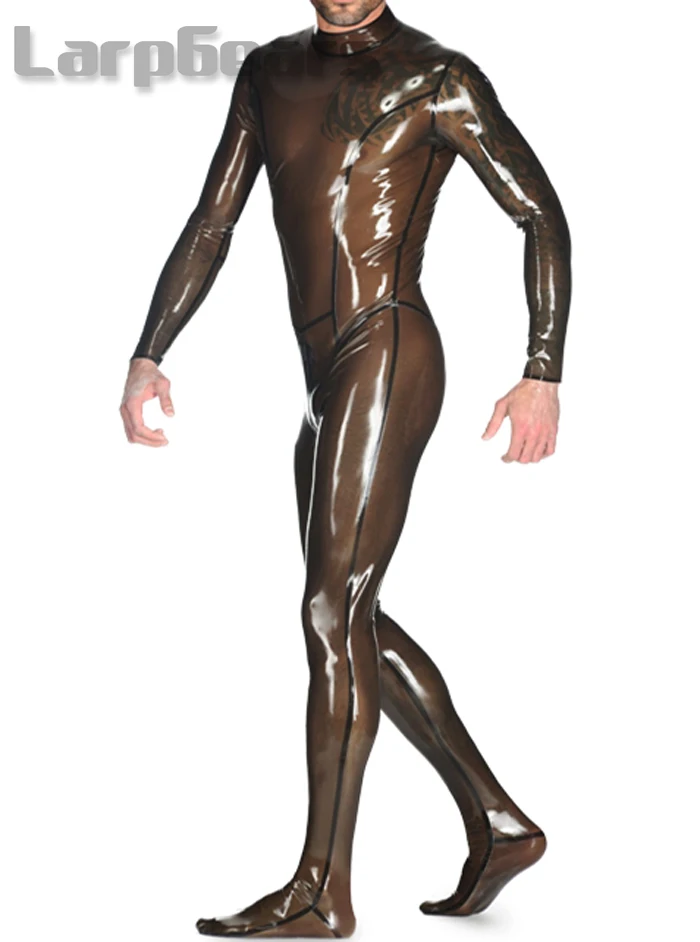 

Transparent black latex catsuit with back zipper through crotch plus size custom made