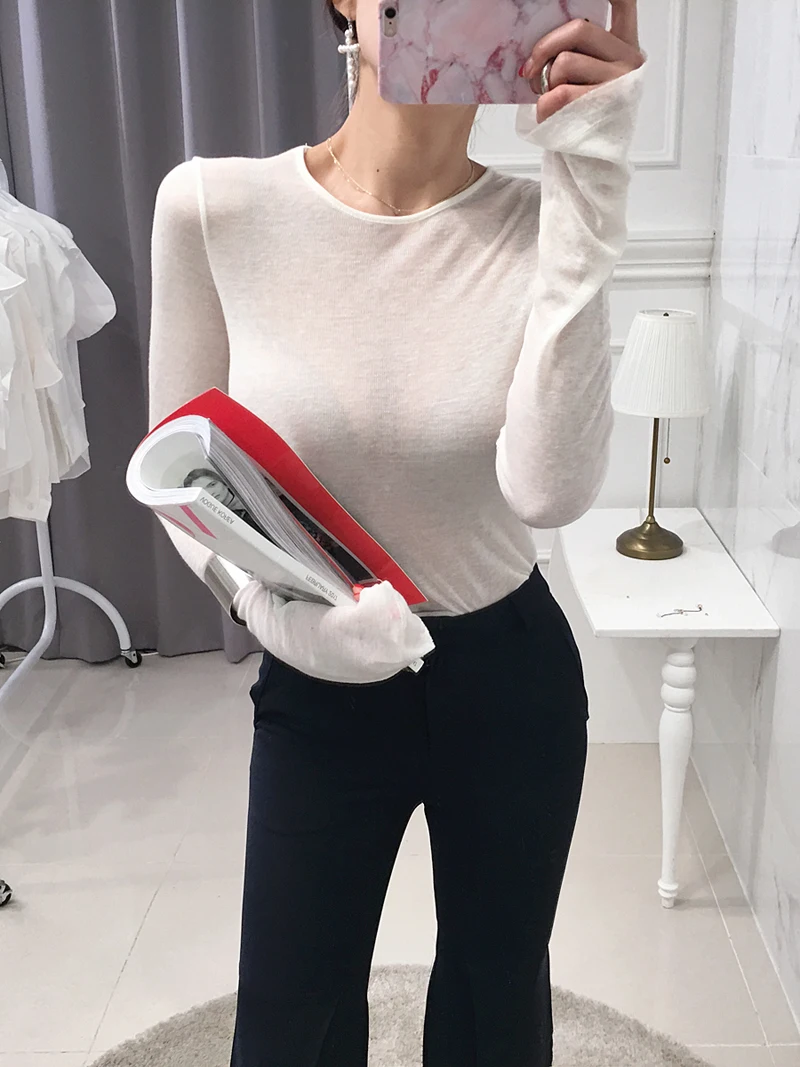 Shintimes Sexy Shirt Frauen T-Shirt Langarm Koreanischen Stil Dünne Grundlegende Elastizität T-shirt Top Frauen Kleidung T Shirt Femme – Detail 11