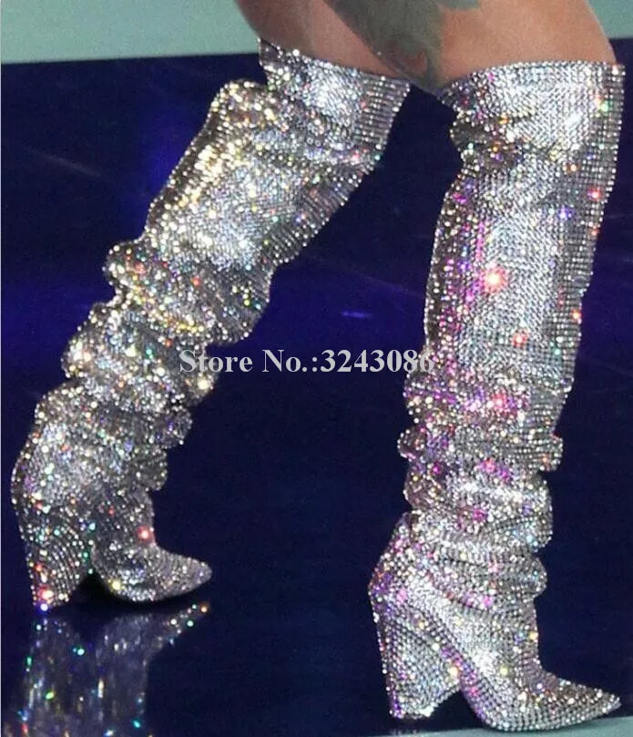 

New Glitter Spike Heels Crystal Knee High Woman Long Boots Bling Rhinestone Knight Boots Sexy Pointed Toe Shinning Lady Booties