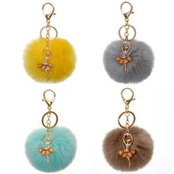 Fashion Dancing Angel Girl Fluffy Pompom Keychains Fake Rabbit Fur Ball KeyChain Women Bag Charms Jewelry Gift Pompom Keychain