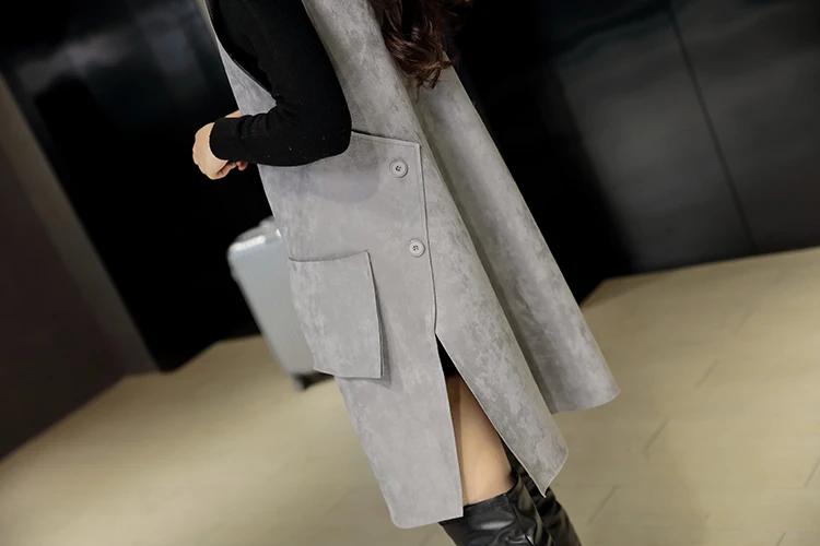 Women\'s Long Vest Solid Suede Fabric Side Split Button Pocket Plus Size Open Stitch Sleeveless Jacket New 2024 Outerwear