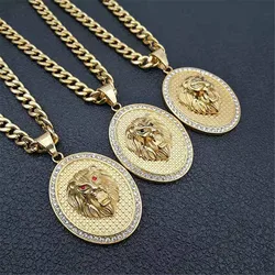 Hip Hop Iced Out Bling Lion Head Pendant Necklace For Men Gold Color Stinless Steel Animal Necklace Male Jewelry Dropshipping