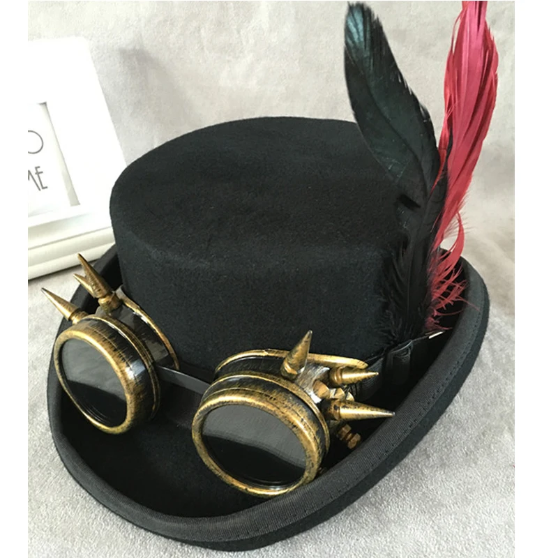 

LIHUA Brand 4.7 Inch Deluxe Voodoo Witch Doctor Hat with Goggles Gears Real Feathers Victorian Deluxe Steampunk Deluxe Top Hat