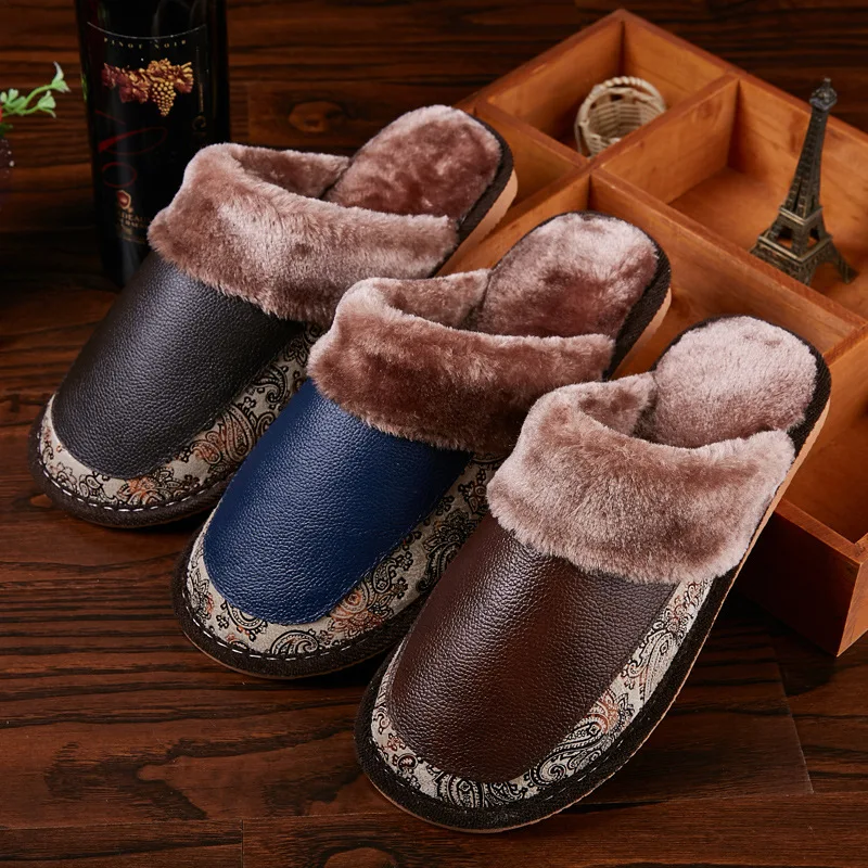 Mntrerm 2020 New Genuine Leather Home Slippers High Quality Winter Women Slipper Plush Warm Indoor Shoes Lovers Leather Slippers