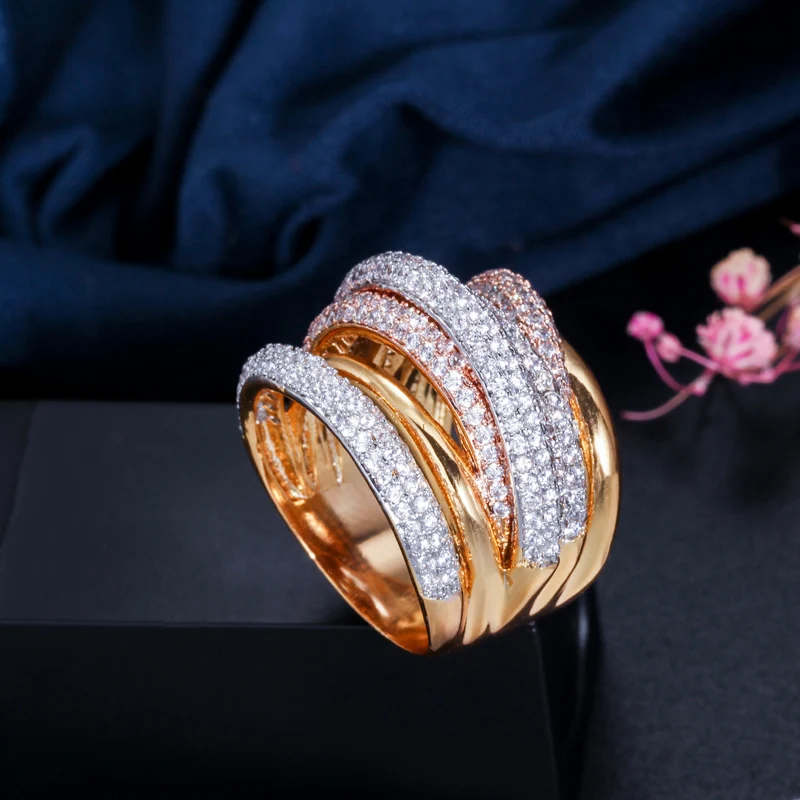 ThreeGraces Luxury Multi Rose Gold Color Dubai CZ Stone Setting Irregular Round Cocktail Party Rings for Women RG014