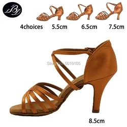 Zapatos de baile latino para mujer, sandalias de satén con suela suave, tacón alto recto, cómodas y estables, 216