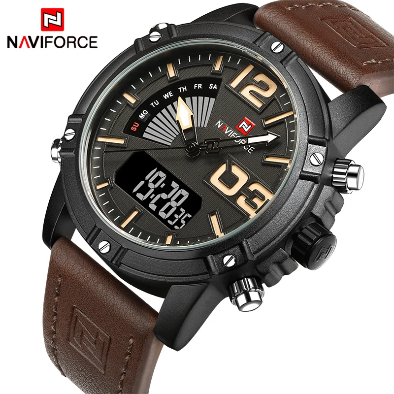 Naviforce marca de luxo relógios esportivos masculinos display duplo led digital à prova dwaterproof água pulseira couro quartzo relógio militar