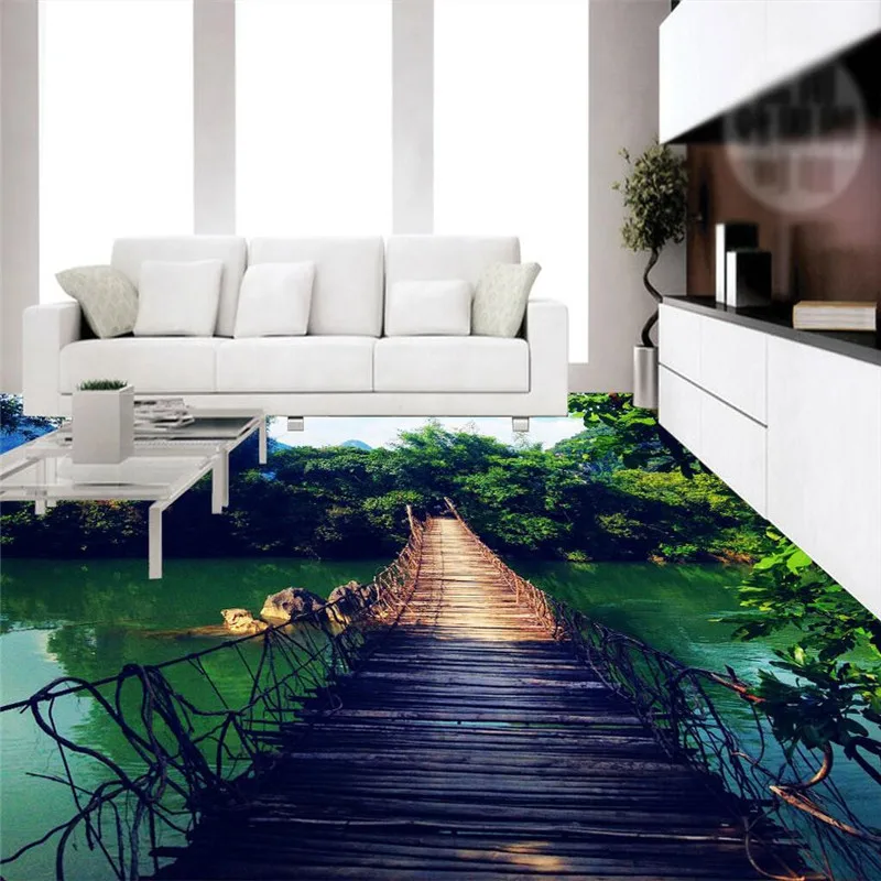 beibehang Wallpaper hanging wooden bridge natural forest Art Bathroom Mural-3d PVC Wall paper Self-adhesive Floor painting