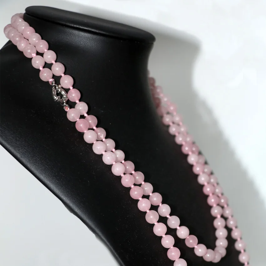 Long chain round beads necklace for women 8mm pink natural stone jades crystal chalcedony fashion women jewelry 50inch B2921