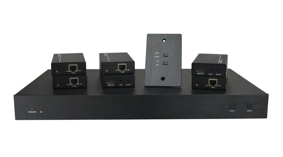 4k hdbaset divisor kit inclui um divisor com 2 entradas hdmi e 6 hdbaset mais 1 saídas hdmi, 6 receptores e 1 controle keypa